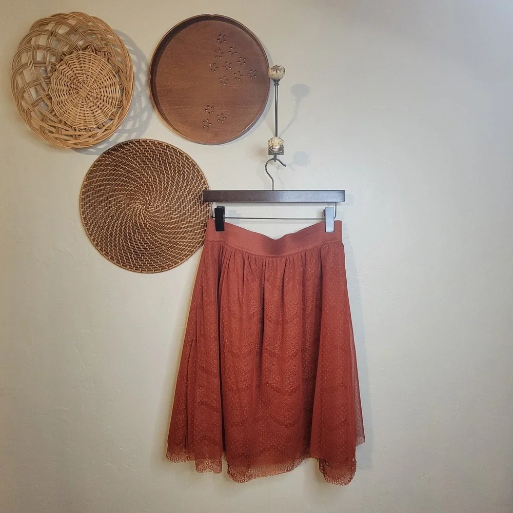 DownEast Rust Orange Lace Mesh Skirt Womens Medium‎ Scalloped Hem Knee Length